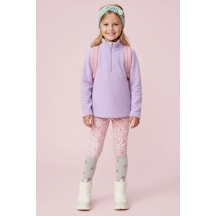 Kız Çocuk Uzun Kollu Mor Dik Yaka Yarım Fermuarlı Polar Üst - Kız Çocuk Sweatshirt, Kız Çocuk Polar Lila