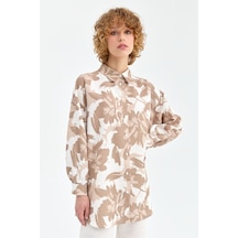 Yaprak Desenli Ferah Kumaş Pantolonlu Takım Bej Beyaz