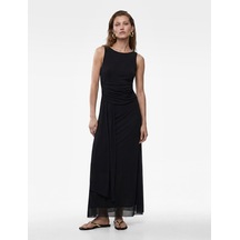 Koton Slim Fit Asimetrik Drapeli Kayık Yuvarlak Yaka Kolsuz Midi Elbise Siyah 6sak80074uk