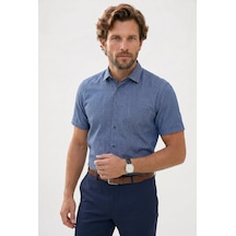 Tudors Erkek Regular Fit Klasik Kesim Pamuklu Kısa Kollu Armürlü Lacivert Gömlek-50297