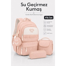 4'lü Saten Kumaş Su Geçirmez, Kız Erkek İlkokul Çantası Seti Beslenme Çantası Kalemlik Ve Aksesuar Çantalı Yavruağzı Yavruağzı