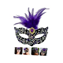 Siyah Kadife Üzeri Rengarenk Payetli Pullu Mor Tüylü Mor Taşlı Parti Maskesi 19x21 Cm - Elwm-389955 18