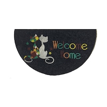 Gizz Home Boyalı Megan Kapı Paspası - Yarımay Gri Welcome Kediler - 40x75 Cm Çok Renkli