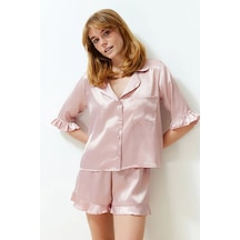Pembe Fırfır Detaylı Saten Şortlu Dokuma Pijama Takımı