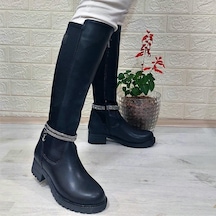 M.p 2753 Siyah Taşlı Ligralı Fermuarlı 45cm Bayan Çizme 001