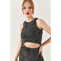 Armonika Kadın Halter Yaka Pul Payet Crop Bluz Siyah