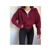 Flex Fashıon Kadın Esnek Örgü Trend Fermuarlı Dik Yaka Popüler Triko Hırka Bordo - 760178304 Bordo - 760178304 Bordo