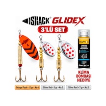 Fishack Glidex 3'lü Döner Kaşık Seti + Klima Bombası - Orange Flash 12 Gr No:4 + Silver Red 5 Gr No:2 + Silver Red 7 Gr No:3