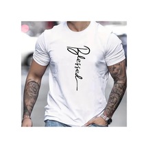 Caddemia Yaz Gevşek Fit Boy Mübarek Baskılı Slim Fit Rahat Spor Yuvarlak Boyun Kısa Beyaz 2XL