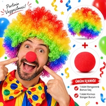 Rengarenk - 398 - Gökkuşağı Afro Bonus Peruk Ve Kırmızı Renk Sünger Burun - Glblseme - 120 Gr