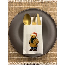 Kırmızı Şapkalı Sevimli Ayı Baskılı Yılbaşı Kanguru Cepli Peçete Beyaz12 Adet