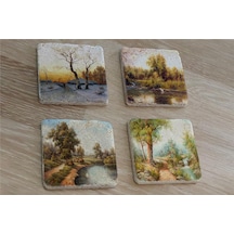 Doğa Manzarası Doğal Taş Bardak Altlığı 4'lü Set - Natural Stone Coasters - Taş Çok Renkli