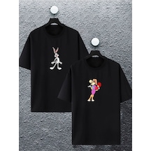 Unisex Kadın Erkek Bugs Bunny Ve Lola Baskılı Sevgili Çift Kombini Tasarım Oversize T-shirt 2'li Set Siyah1 Mck2096 Siyah