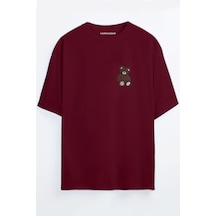 Ayıcık Baskılı Bordo - Mavi Oversize T-shirt Bordo
