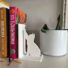 Beyaz Kedi Figürlü Dekoratif Kitap Tutucu, Kitap Desteği, Kedili Kitaplık Süsü