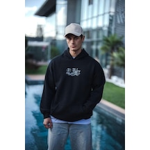 Yake Store Üç İplik Penye Kapşonlu Baskılı Sweatshirt - Siyah - Siyah