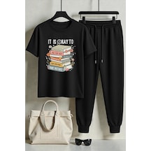 Uyguntarz Unisex Its Okay To Tasarım Baskılı Tişört - 2'li Eşofman Takımı Siyah