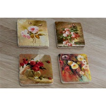 Renkli Güller Doğal Taş Bardak Altlığı 4'lü Set - Natural Stone Coasters - Taş Çok Renkli