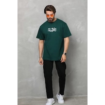 Suma Yeşil Unisex Oversize Bisiklet Yaka Baskılı T-shirt