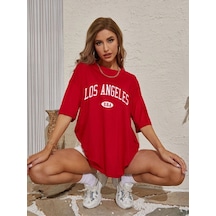 Los Angeles U.s.a T-shirt - Kırmızı Baskılı Oversize Bisiklet Yaka Kısa Kol Tişört Kirmizi
