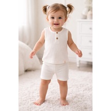 Joviel Baby & Kıds Soft Önden Düğme Detaylı Kalın Askılı Badi Tayt Takım Ekru Ekru