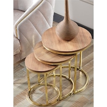 3' Lü Açık Ceviz Ahşap Gold Metal Sehpa