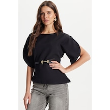 Tudors Kadın Slim Fit Dar Kesim Kol Detaylı İnce Kemerli Fermuarlı Siyah Bluz Gömlek-50758