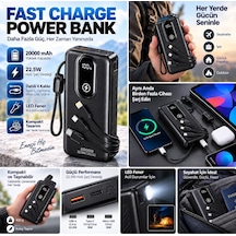 İphone 16 Pro Uyumlu 20000 Mah Powerbank 22.5w Hızlı Şarj 4 Dahili Kablolu Led Fenerli Dijital Göstergeli Siyah