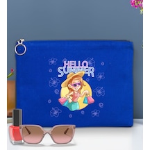 Bk Gift Yaz Temalı-2 Astarlı Mavi Portföy Çanta 30x21cm, Baskılı El Çantası, Organizer Çanta