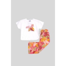 6-9 Yaş Desenli İspanyol Pantolon Tişört Kız Çocuk Takım Turuncu Turuncu