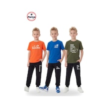 Panios Kids 3'lü Yuvarlak Yaka Baskı Detaylı Erkek Detaylı 6 Parça Erkek Çocuk Alt Üst Takım Turuncu - Haki