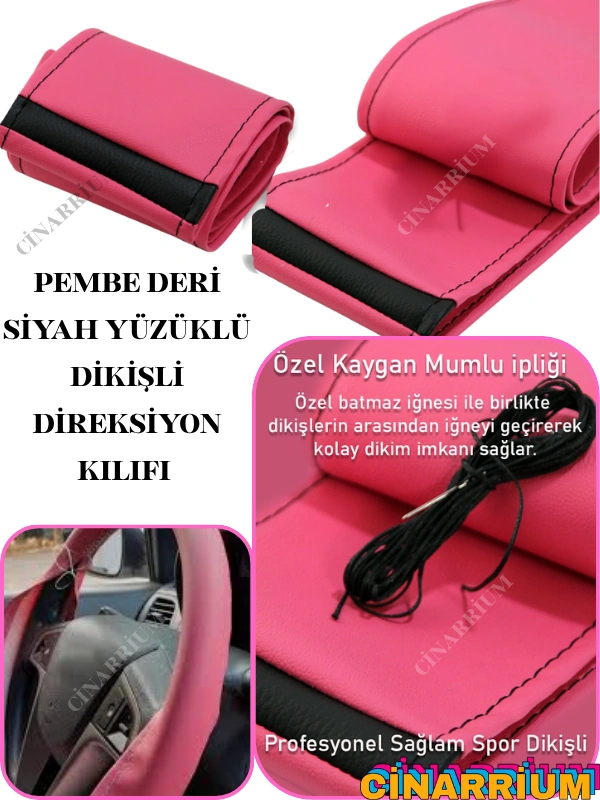 Renault Latitude Pembe Yerli Üretim Suni Deri Siyah Yüzüklü Dikişli Direksiyon Kılıfı Çok Renkli