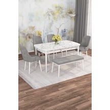Jusie Beyaz Mermer 80x132 Açılabilir Sunta Masa Yemek Odası Takımı,mutfak Takımı 4 Sandalye,1 Bench Gri