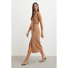 Şeritli Yırtmaç Detaylı Slip Dress Tarçın