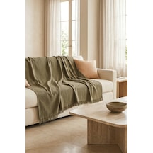 İskandinav Dokulu Pamuklu Saçaklı Koltuk Örtüsü Ve Koltuk Şalı Kaymaz Terletmez 170x200 Cm Haki