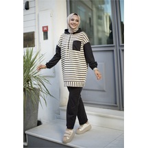 Hira Life Fashion Moda Efsa Tesettür Giyim Kapüşonlu Ve Önü Yarım Fermuarlı Çizgili 2 İplik Pantalon İle Tunik Takım Siyah Siyah