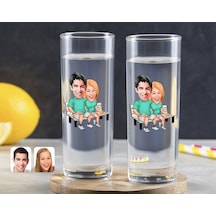 Kişiye Özel Renkli Baskılı Sevgililer Karikatürlü İkili Vodka Bardağı-55 Çok Renkli