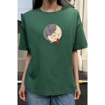 Unisex Kedi Baskılı T-shirt Yeşil