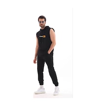 Unisex Kapşonlu Kolsuz Oversize Baskılı Tişört - Siyah 001