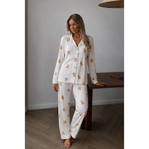 Fit Women Kadın Düğmeli Uzun Uyku Ve Beyaz Pijama Takımı