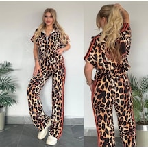 Kadın Dalgıç Kumaş Dijital Leopar Baskılı Şerit Detaylı Takım Leopar