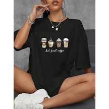 Kadın Kahve Desen Baskılı Tişört Kısa Kol Bisiklet Yaka Oversize T-shirt - Siyah