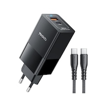 Rogfer Yesido Yc73 65w Usb Ve Usb-c / Type-c Çift Bağlantı Noktalı Gan Hızlı Şarj Seti, Ab Fiş Siyah