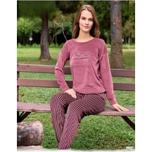 Pijamoni Kadın Kışlık Bisiklet Yaka Likralı Kadife Pijama Takımı 4210/10- 1 Adet 001