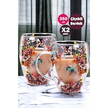Çeyizci Çarşı 2li Çift Cidarlı Flower Cup 350ml Çiçekli Bardak Kahve Çay Bardağı El Yapımı Kulplu Cam Bardak Set Şeffaf