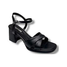 Erbay 405-26 Cilt Deri Çapraz Bant Kalın Topuk Anatomik Kadın Sandalet 7cm Siyah