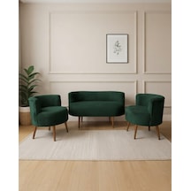 Sydney 2+1+1 Welsoft Tüylü Yumuşak Kumaş Balkon Çay Seti Koltuk Takımı - Ahşap Ayak - Yeşil