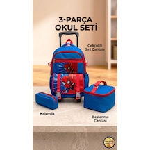2 Kademeli Çekçekli Tekerlekli Karekter Desenli Erkek Mavi 3 Lü Set Takım İlkokul Sırt Çantası 40 27 17cm