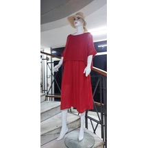 İtalyan Müslin Keteni Üstü File Bluzlu Astarlı Tek Parça Elbise Kırmızı