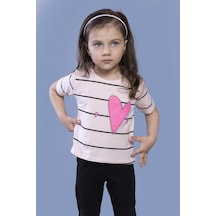 Toontoy Kids Toontoy Kız Çocuk Çizgli Kalp Baskılı Taş İşlemeli Tişört Pudra